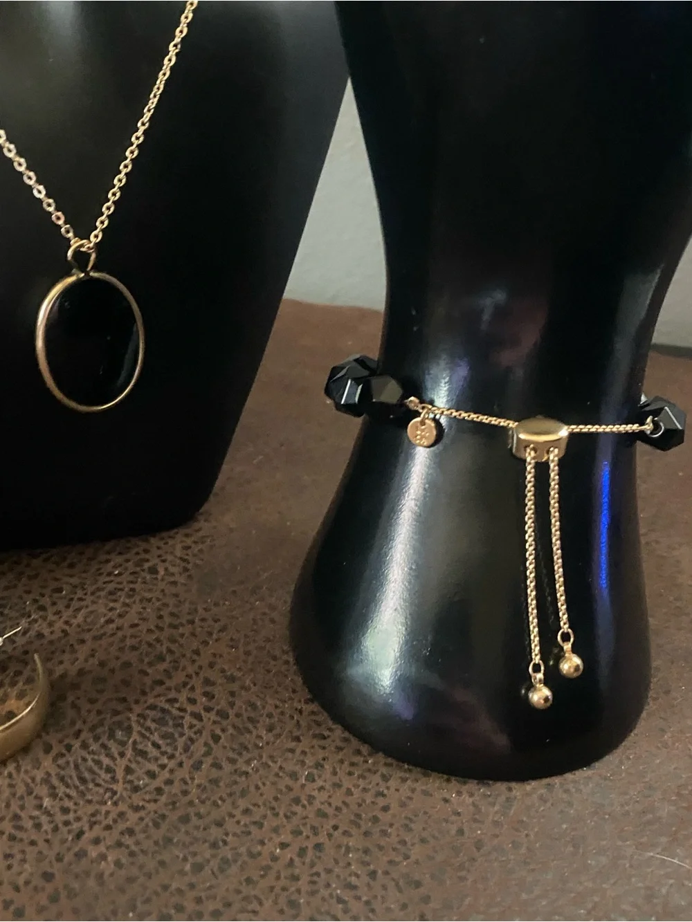 Gold-Tone and Black Oval Pendant Necklace, Bracelet w/slide, Earrings & Ring